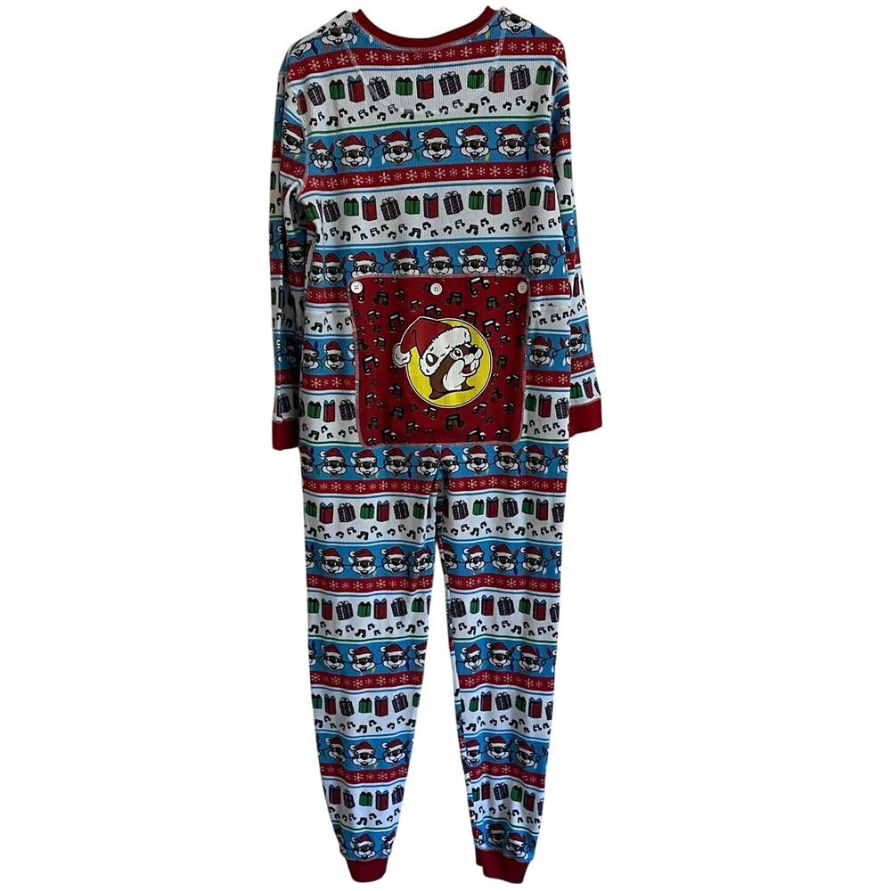 Buc-ee's Christmas Themed Long John's Sz L Faux Back Hatch Beaver Holiday Zip Up